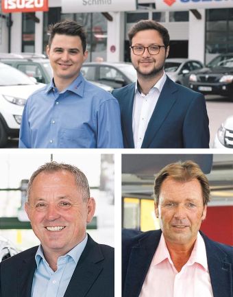 Abbildungen der Geschäftsleitung. Oben im Bild links Herr Ludwig Schmid, rechts daneben Michael Schmid Junior, links unten Michael Schmid Senior, rechts unten Herr Becker